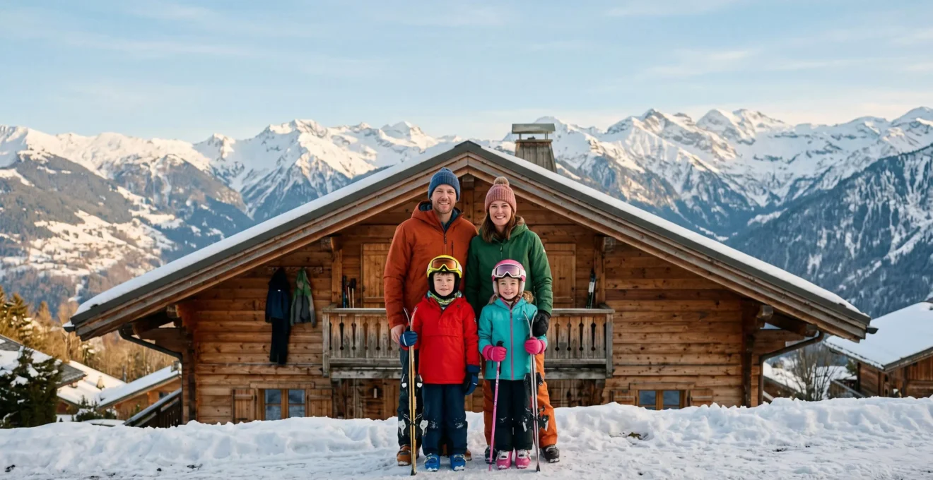 Famille devant un chalet alpin à Morzine avec vue sur les pistes de ski enneigées.