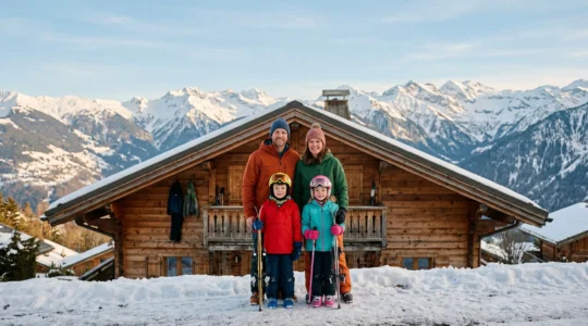 Famille devant un chalet alpin à Morzine avec vue sur les pistes de ski enneigées.